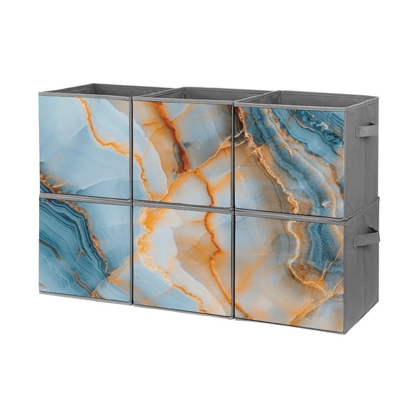 Collapsible Oxford Fabric Storage Cubes with Handles, Large Mid Foldable Oxford Cloth Bins Set of 2/6, Closet Organizers for Shelves Clothes Home Kitchen Toy - Marble Pattern Blue Gold
