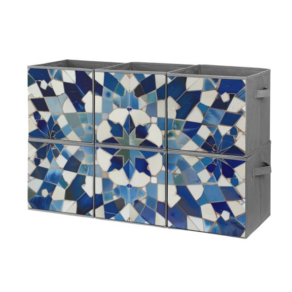 Collapsible Oxford Fabric Storage Cubes with Handles, Large Mid Foldable Oxford Cloth Bins Set of 2/6, Closet Organizers for Shelves Clothes Home Kitchen Toy - Mediterranean-Style Tile