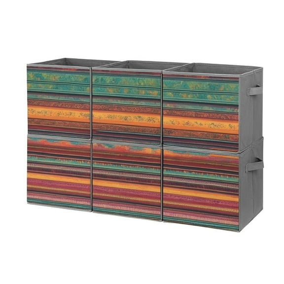 Collapsible Oxford Fabric Storage Cubes with Handles, Large Mid Foldable Oxford Cloth Bins Set of 2/6, Closet Organizers for Shelves Clothes Home Kitchen Toy - Mexican BOHO Strips-2