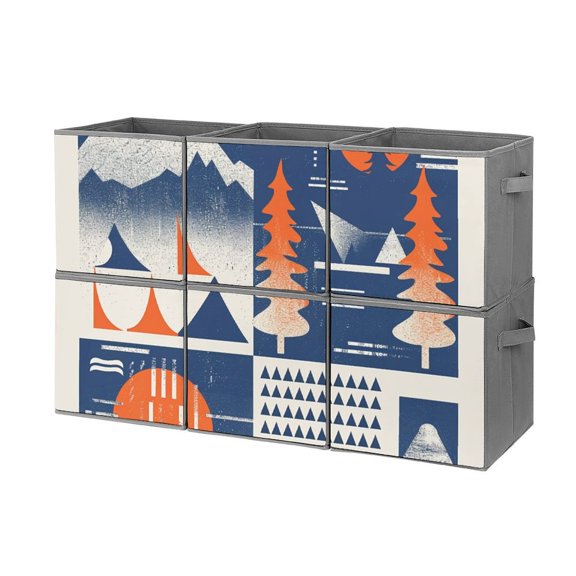 Collapsible Oxford Fabric Storage Cubes with Handles, Large Mid Foldable Oxford Cloth Bins Set of 2/6, Closet Organizers for Shelves Clothes Home Kitchen Toy - Mountains Trees