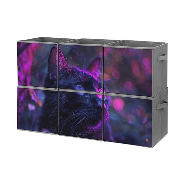 Collapsible Oxford Fabric Storage Cubes with Handles, Large Mid Foldable Oxford Cloth Bins Set of 2/6, Closet Organizers for Shelves Clothes Home Kitchen Toy - Neon Dark Cat