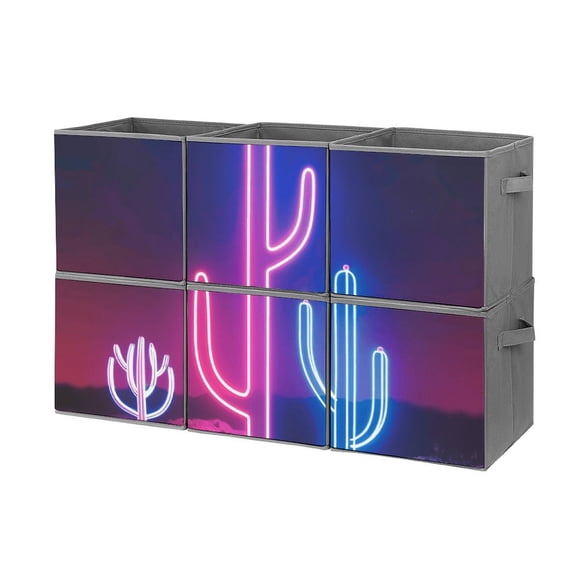Collapsible Oxford Fabric Storage Cubes with Handles, Large Mid Foldable Oxford Cloth Bins Set of 2/6, Closet Organizers for Shelves Clothes Home Kitchen Toy - Neon Cactus Desert