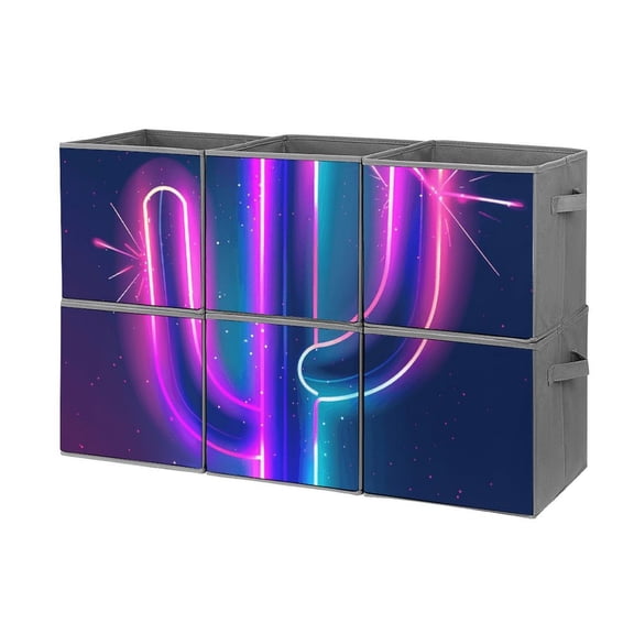 Collapsible Oxford Fabric Storage Cubes with Handles, Large Mid Foldable Oxford Cloth Bins Set of 2/6, Closet Organizers for Shelves Clothes Home Kitchen Toy - Neon Cactus Desert-2