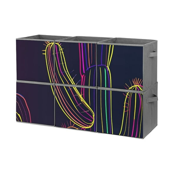 Collapsible Oxford Fabric Storage Cubes with Handles, Large Mid Foldable Oxford Cloth Bins Set of 2/6, Closet Organizers for Shelves Clothes Home Kitchen Toy - Neon Cactus