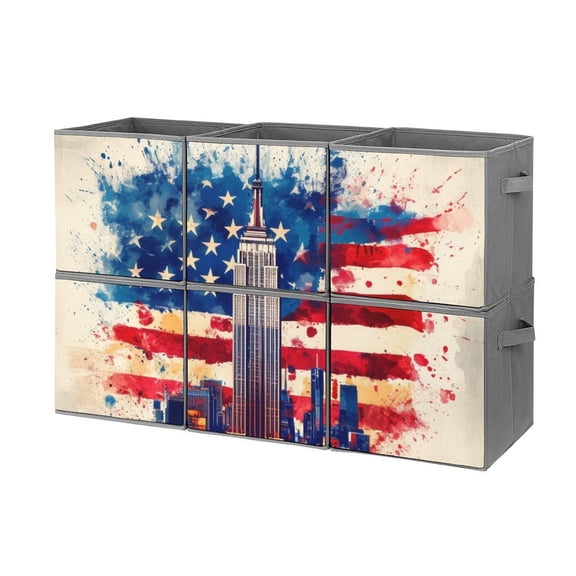 Collapsible Oxford Fabric Storage Cubes with Handles, Large Mid Foldable Oxford Cloth Bins Set of 2/6, Closet Organizers for Shelves Clothes Home Kitchen Toy - Retro The Empire Building America flag
