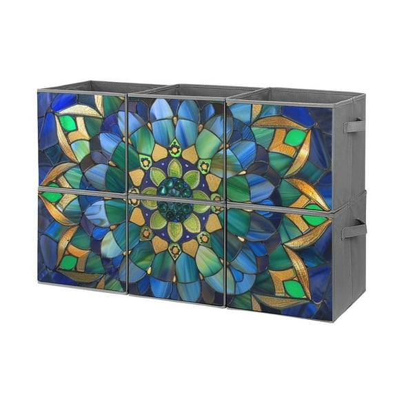 Collapsible Oxford Fabric Storage Cubes with Handles, Large Mid Foldable Oxford Cloth Bins Set of 2/6, Closet Organizers for Shelves Clothes Home Kitchen Toy - Retro Mandala Glass Flower-2