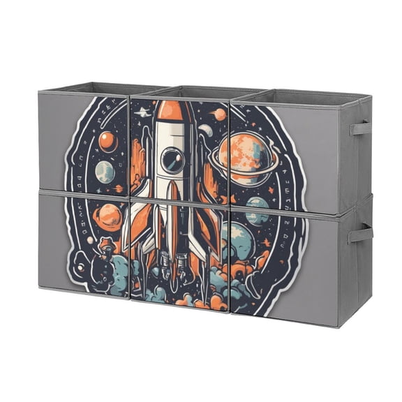 Collapsible Oxford Fabric Storage Cubes with Handles, Large Mid Foldable Oxford Cloth Bins Set of 2/6, Closet Organizers for Shelves Clothes Home Kitchen Toy - Rocket