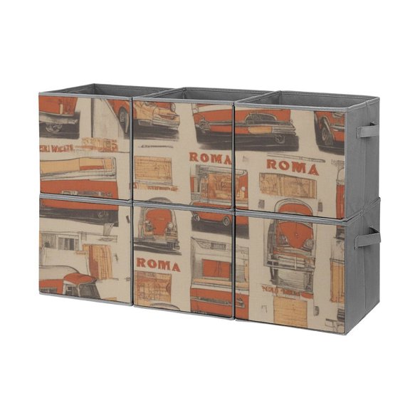 Collapsible Oxford Fabric Storage Cubes with Handles, Large Mid Foldable Oxford Cloth Bins Set of 2/6, Closet Organizers for Shelves Clothes Home Kitchen Toy - Roma Retro Car