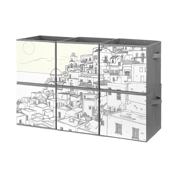 Collapsible Oxford Fabric Storage Cubes with Handles, Large Mid Foldable Oxford Cloth Bins Set of 2/6, Closet Organizers for Shelves Clothes Home Kitchen Toy - Santorini Black & White Greece-2