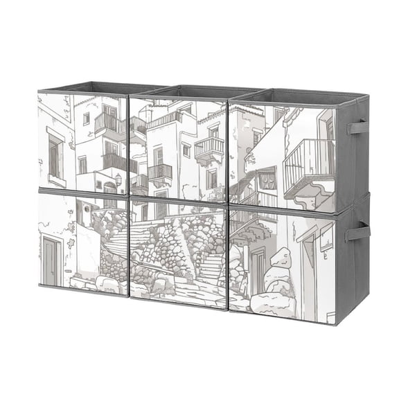 Collapsible Oxford Fabric Storage Cubes with Handles, Large Mid Foldable Oxford Cloth Bins Set of 2/6, Closet Organizers for Shelves Clothes Home Kitchen Toy - Santorini Black & White Greece-1