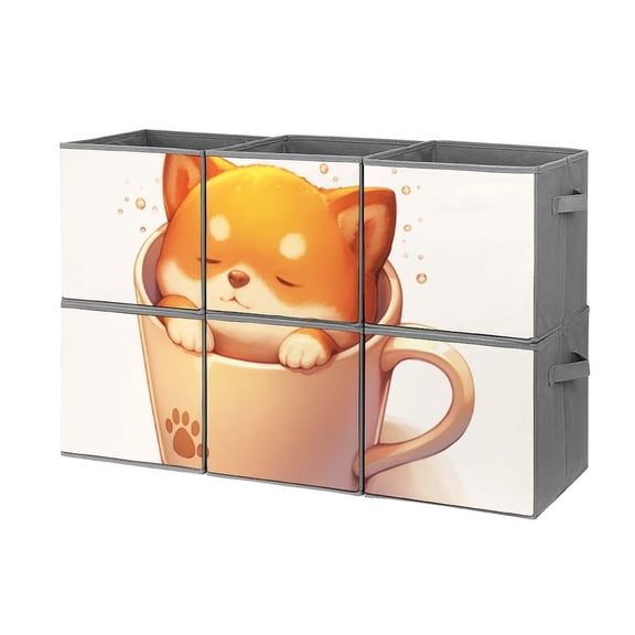Collapsible Oxford Fabric Storage Cubes with Handles, Large Mid Foldable Oxford Cloth Bins Set of 2/6, Closet Organizers for Shelves Clothes Home Kitchen Toy - Shiba Inu In Cup-1