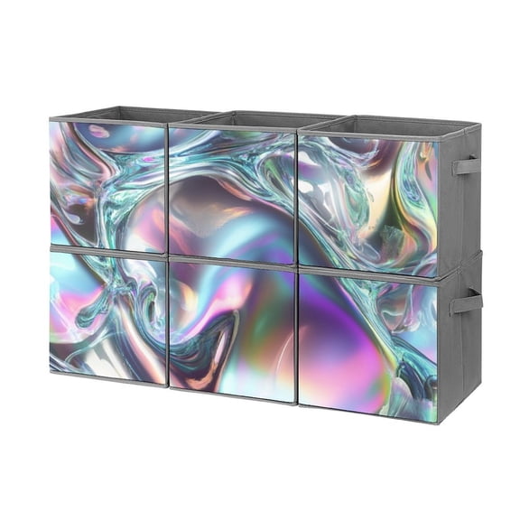 Collapsible Oxford Fabric Storage Cubes with Handles, Large Mid Foldable Oxford Cloth Bins Set of 2/6, Closet Organizers for Shelves Clothes Home Kitchen Toy - iridescent chrome fluid shapes