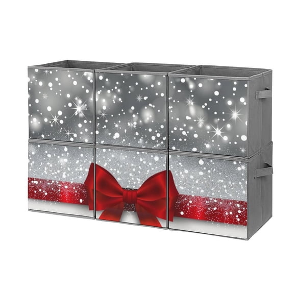 Collapsible Oxford Fabric Storage Cubes with Handles, Large Mid Foldable Oxford Cloth Bins Set of 2/6, Closet Organizers - Shiny silver starry Christmas with red bow ti