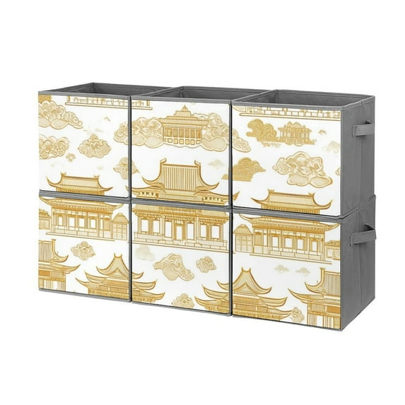 Collapsible Oxford Fabric Storage Cubes with Handles, Large Mid Foldable Oxford Cloth Bins Set of 2/6, Closet Organizers - White Gold Retro Chinese Building Pattern