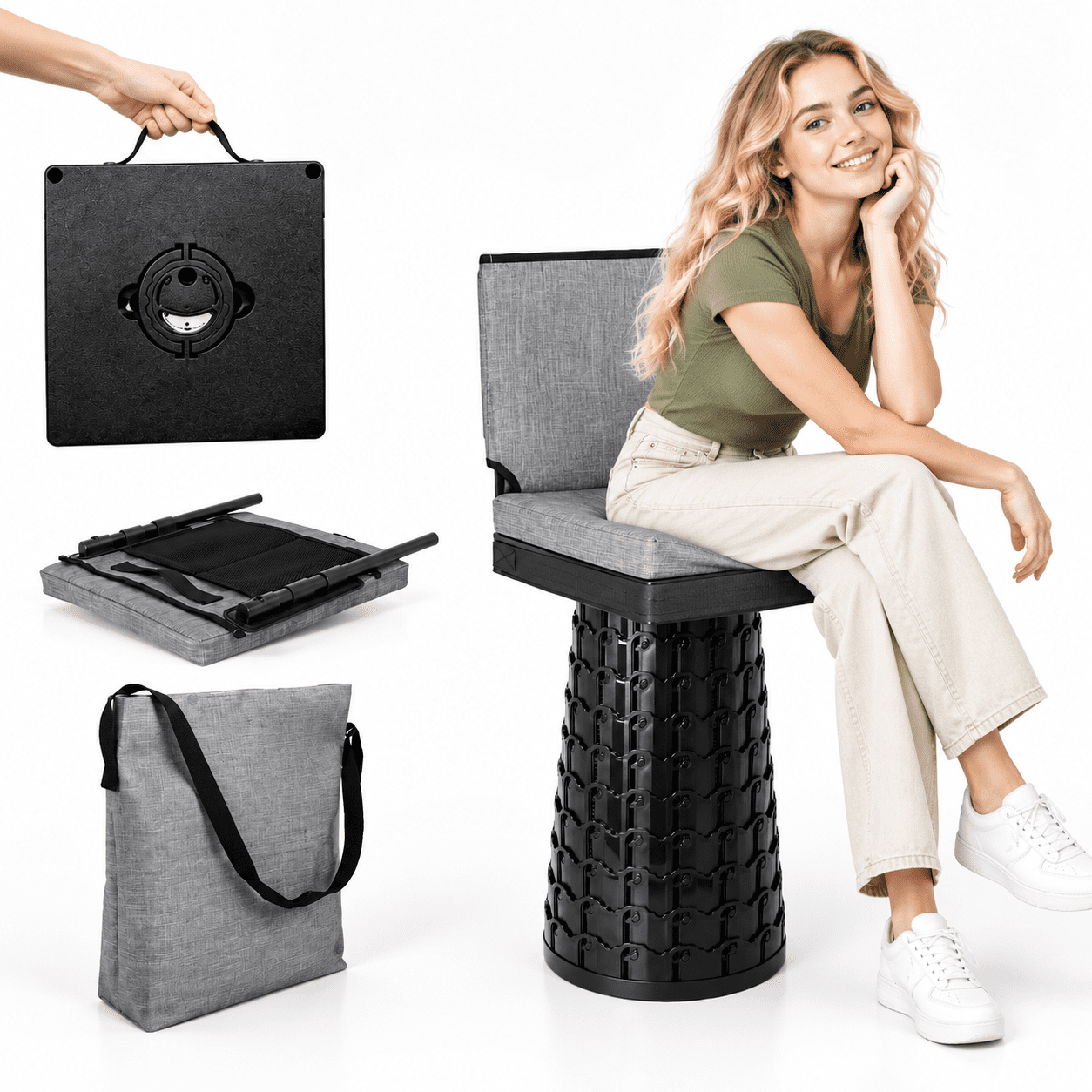Collapsible Padded Camping Stool with Backrest, Portable Folding Chair ...