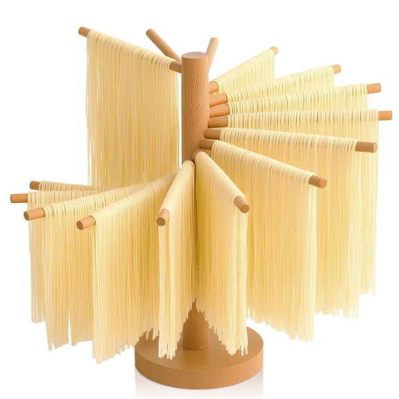 Collapsible Pasta Drying Rack, Wooden Spaghetti Stand Dryer with 16 Suspension Rods, Homemade Wood Fresh Noodle Hanger, Easy to Transfer for Drying Pasta and Cooking