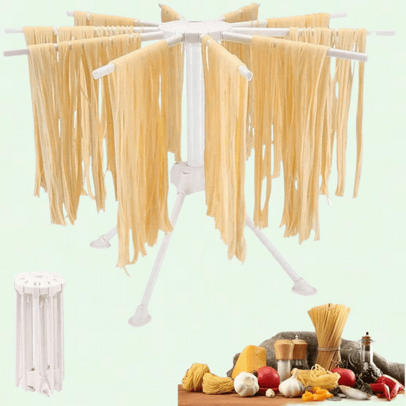 Collapsible Pasta Drying Rack with 10 Bar Handles, Noodle Dryer Stand for Home Use (White)
