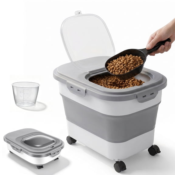 Collapsible Pet Food Storage Container with Airtight Locking Lid, Rolling Casters & Scoop, 20-23 Lbs Large Capacity for Dry Food, Rice, Flour