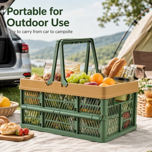 Collapsible Picnic Basket with Handles, Foldable Storage Basket Large Capacity Plastic Crate, Ventilated Stackable Grocery Basket for Shopping, Camping, Travel & Home Organization