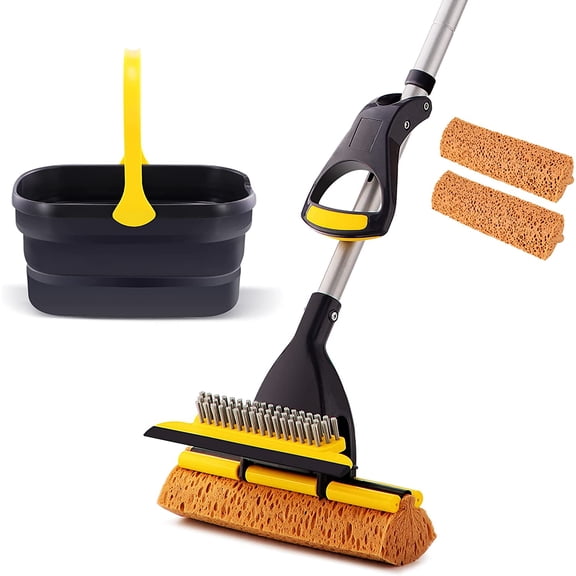 Collapsible Plastic Bucket Mop Bucket and Sponge Mop Kit Home Commercial Tile Floor Bathroom Garage Cleaning with Total 2 Sponge Heads Telescopic 42.5-52 Inches Easily Dry Wringing