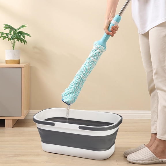 Collapsible Plastic Bucket with Wheels, 2 Pack 12L for House Cleaning and Car Washing, Portable Foldable Mop Bucket with Handle, Gray & Blue