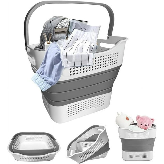 Collapsible Plastic Laundry Basket Tub Pop Up Clothes Storage Organizer, 30L(8 Gallon) Small Foldable Clothing Washing Hamper Container Bin, Space Saving Crate for Harvest, Garden, Pool, Travel, Gray