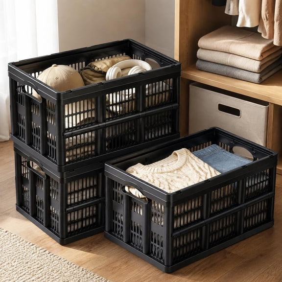 Collapsible Plastic Storage Bins, 45L Stackable Folding Crates with Handles, Foldable Heavy Duty Containers for Home Organizing, 3 Pack