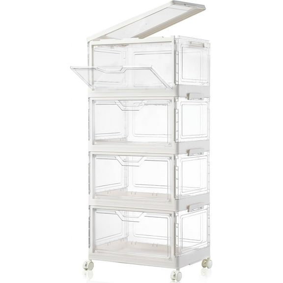 Collapsible Plastic Storage Bins with WheelsClear Stackable Storage Bins with Lid Stackable Storage Bins with Open Door Folding Storage Bins Organizer for Closet Bedroom Living Room