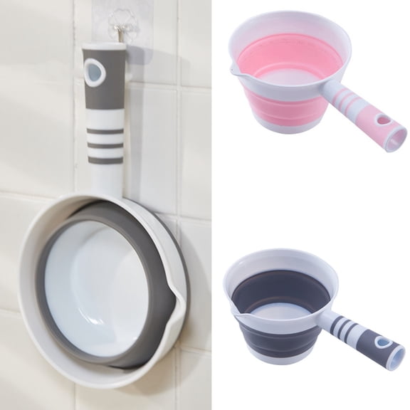 Collapsible Plastic Water Ladle Folding Scoop for Bath Soaking Cleaning, Portable Water Pourer Dipper Spoon for Camping Travel, Small Shower Bucket Basin Tub Rinse Cup Mug for Hair Washing Gray