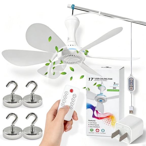 Collapsible Portable Ceiling Fan with Remote, USB Powered Hanging Fan, Foldable 6 Blade Quiet Mini Ceiling Fan, 4 Speed Timer Magnetic Hook for Camping RV Cruise Ship Cabin Tent Travel