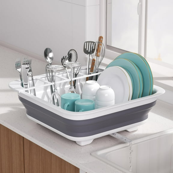 Collapsible Portable Dish Drying Rack, Foldable Space-Saving Dinnerware Drainer Organizer Storage Tray, Compact Kitchen Accessory for RV, Travel Trailers & Camping Use