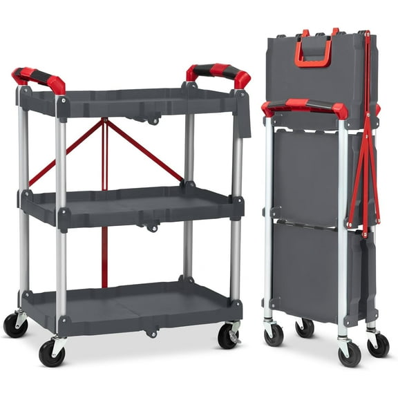 Collapsible Portable Folding Service Cart, 3-Tier Folding Utility Cart with Load Capacity of 165 Lbs Total, Foldable Utility Service Cart with Lockable Wheels for Office, Warehouse, Home Use (Grey)