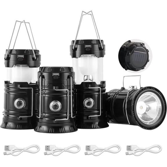 Collapsible Portable Solar Camping Lantern, USB Rechargeable LED Flashlight - Survival Kits for Power Outages Hurricane Supplies Emergency, Indoor & Outdoor, 4-Pack