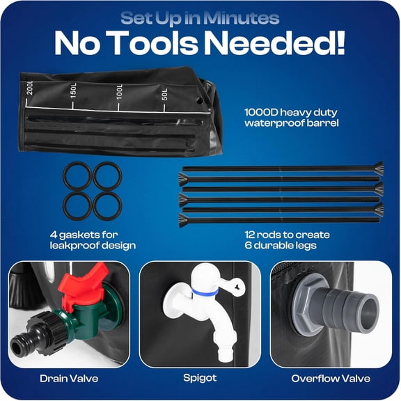 Collapsible Rain Barrel, Portable Rain Water Collection System Kit, 53 Gallon Foldable Water Tank & Storage Reservoir with Spigot for Garden, Lawn, & Emergency Use