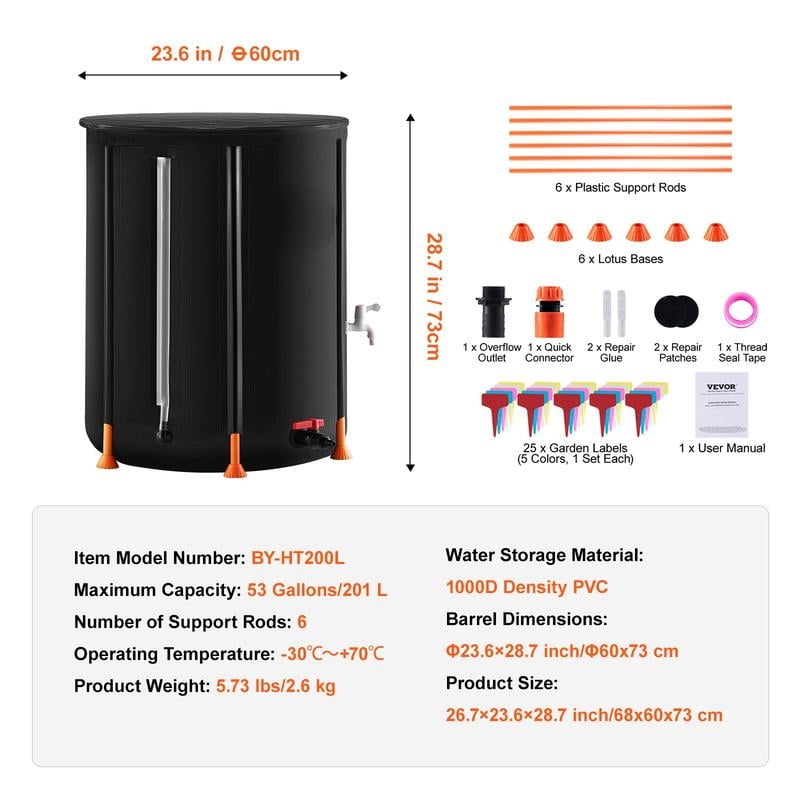 Collapsible Rain Barrel Upgraded Visible Water Level, 53/66/100 Gal ...