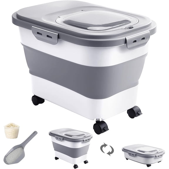 Collapsible Rice Storage Container 20-30 lbs Capacity, Airtight Food Storage Bin with Rolling Wheel, Locking Lid, Cup, and Scoop for Flour, Rice, Pet Food, Grey