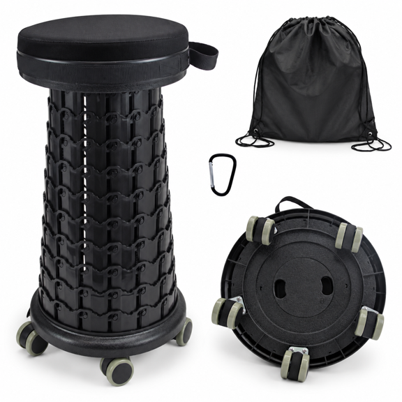 Collapsible Rolling Camping Stool with Black Wheels, Standard, 1000lb Load Capacity