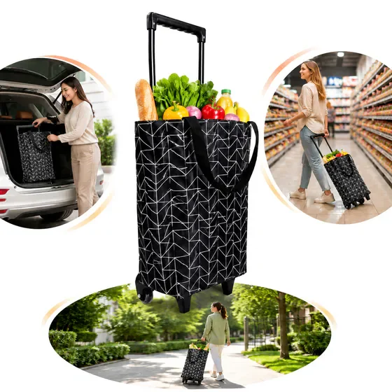 Black Collapsible Wheeled Shopping Bag, Waterproof Portable Rolling Grocery Cart for Market & Daily Errands