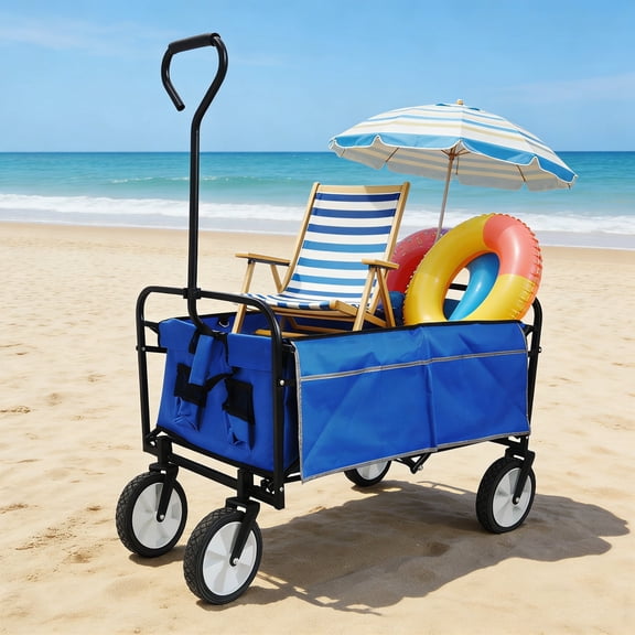 Collapsible Rolling Wagon Utility Cart w/ Wheels, 40.5"x21"x46.5" Folding Utility Canopy Wagon w/Adjustable Handle, 2 Mesh Cup Holders, for Outdoor, Beaches, Gardens, Parks, Shopping, S10483