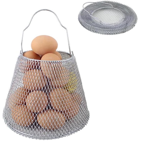 Collapsible Round Egg Basket - Metal Wire Storage with Handles, Perfect for Hanging & Family Farm Gathering Golden Chicken Farm, Holds 20-25 eggs