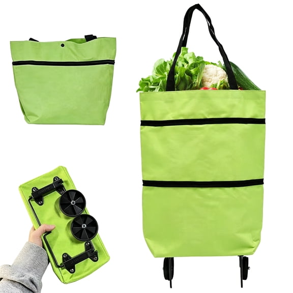 Collapsible Shopping Cart Bag with Wheels, 2-in-1 Foldable Rolling Grocery Tote with Carry Handles for Shopping and Daily Errands, Green