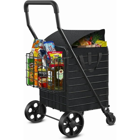 Collapsible Shopping Cart with Double Basket & Waterproof Liner - Grocery, Laundry & Travel Foldable Cart, 360° Swiveling Wheels, Medium Size with Carry Bag
