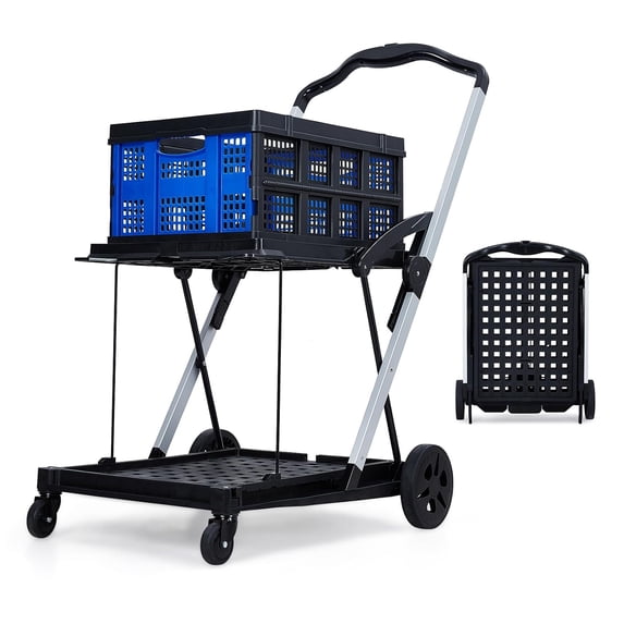 Collapsible Shopping Cart, Foldable Grocery Cart with Wheels and Removable Storage Crate, Multi Use Mobile Storage Cart Portable Rolling Cart for Home, Groceries, Supermarket