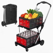 Collapsible Shopping Cart with Wheels,2 Tier Multi Use Foldable Shopping Cart with 2 Storage Crates,Folding Shopping Trolley Utility Cart for Office,Groceries, Warehouse,Supermarket,Picnic