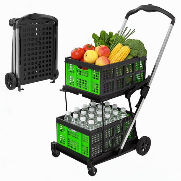 Collapsible Shopping Cart with Wheels,2 Tier Multi Use Foldable Shopping Cart with 2 Storage Crates,Folding Shopping Trolley Utility Cart for Office,Groceries, Warehouse,Supermarket,Picnic