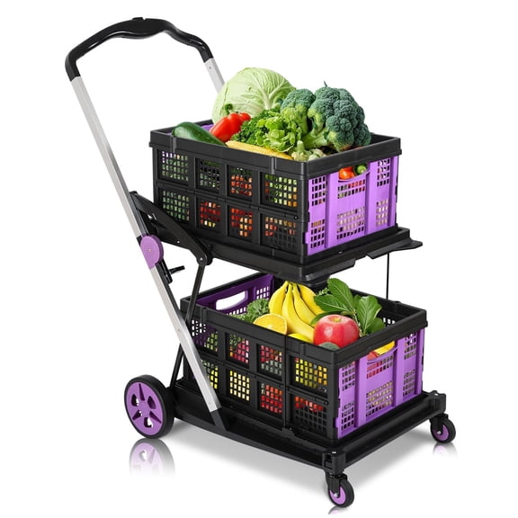 Collapsible Shopping Cart with 360° Swivel Wheels, Multi Use Utility Carts Used for Picnic, Supermarket, Purple