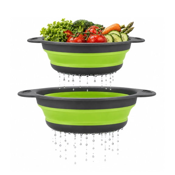 Collapsible Silicone Colander with Handle, Over Sink Foldable Strainer, Space Saving Drain Basket for Vegetables, Fruits, Pasta, Kitchen & Camping, Green