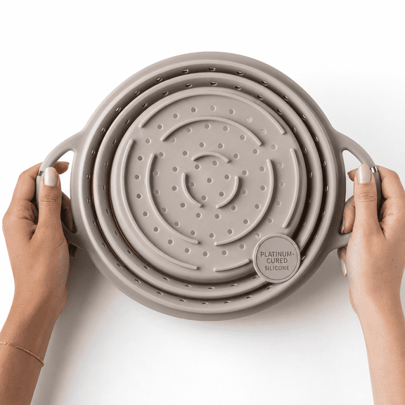 Collapsible Silicone Colander Set, 3 Pack, Stainless Steel Rim, Kitchen Straining