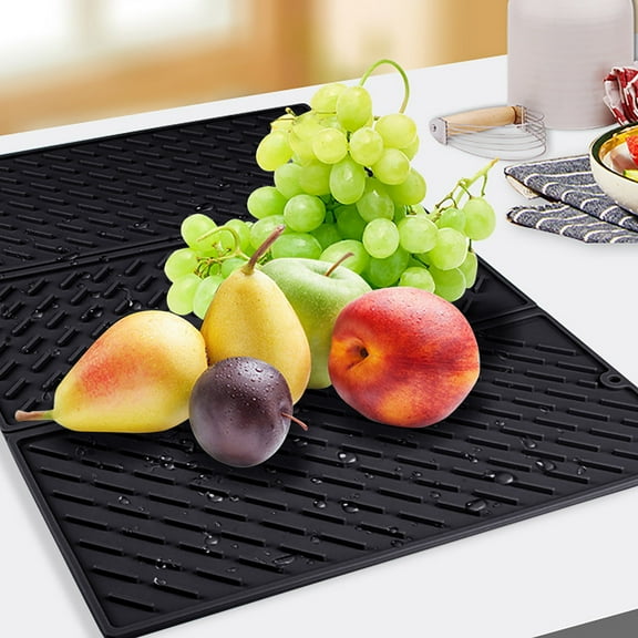 Collapsible Silicone Dish Drying Mat Trifold Large Food Grade Heat Resistant Kitchen Counter Drainage Tray Multi-Purpose Use for Fruits Vegetables and Tableware Black