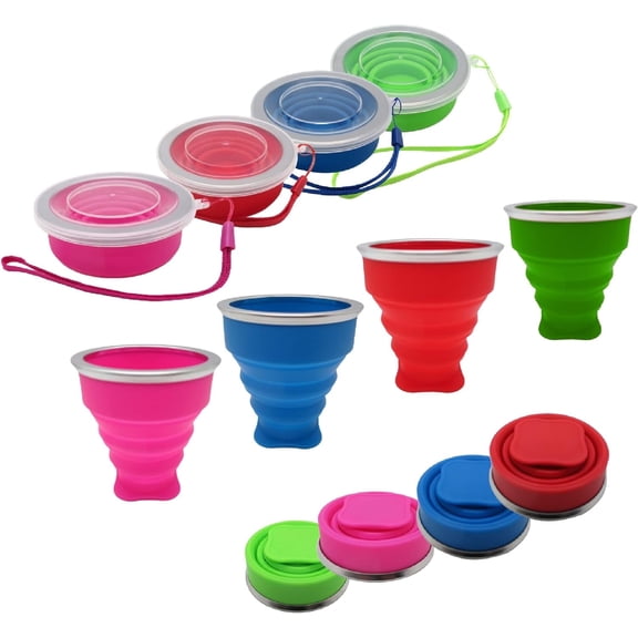 Collapsible Silicone Drinking Cups with Lids  Reusable, Portable Travel Mugs for Camping, Hiking, Picnic & Outdoor Use  Foldable & Compact Design - 4 Pack